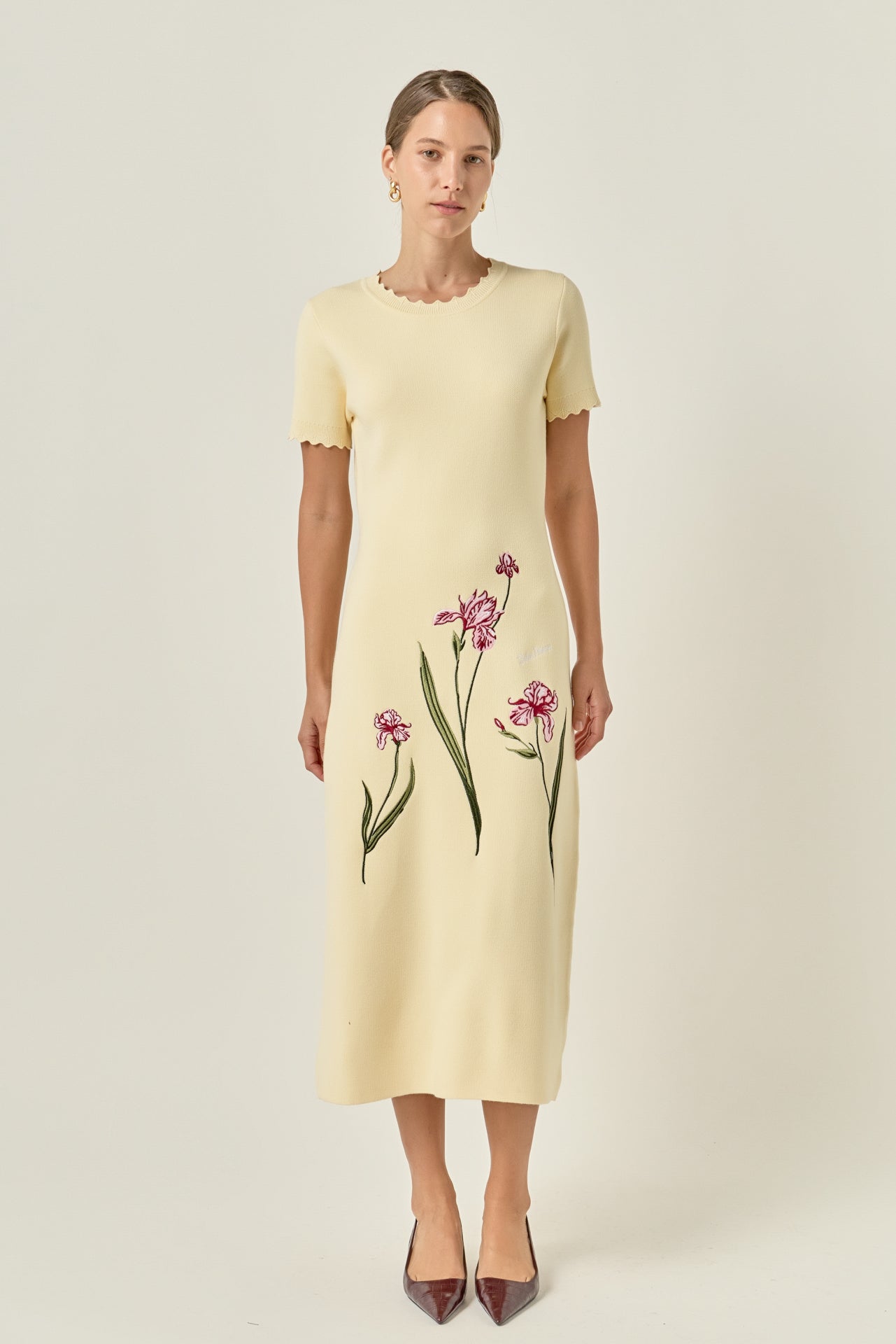 Floral Embroidered Knit Midi Dress