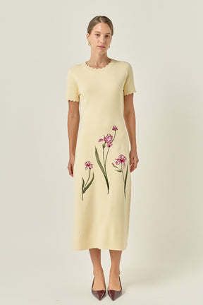 Floral Embroidered Knit Midi Dress
