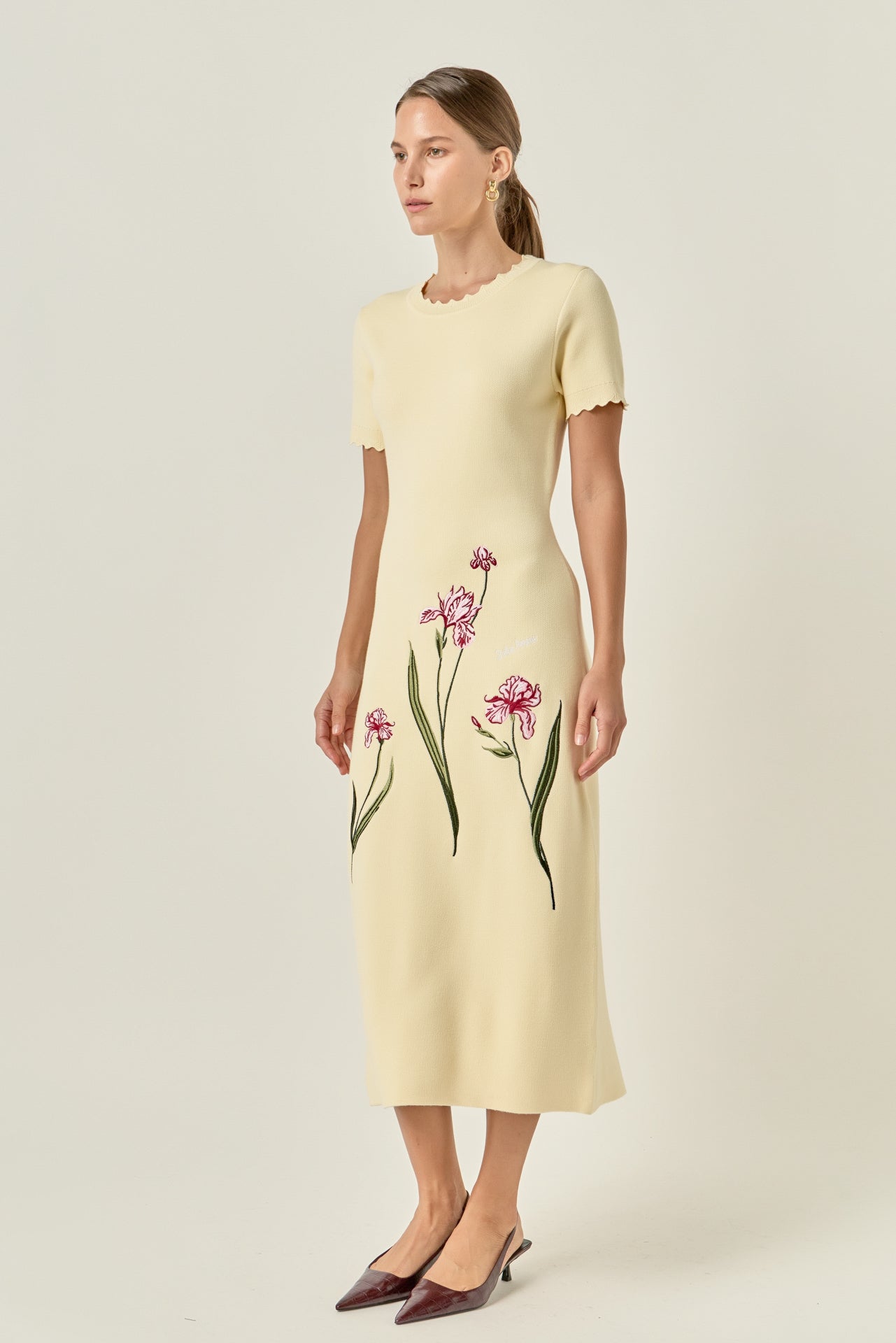 Floral Embroidered Knit Midi Dress