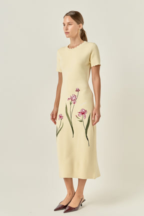 Floral Embroidered Knit Midi Dress