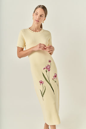 Floral Embroidered Knit Midi Dress