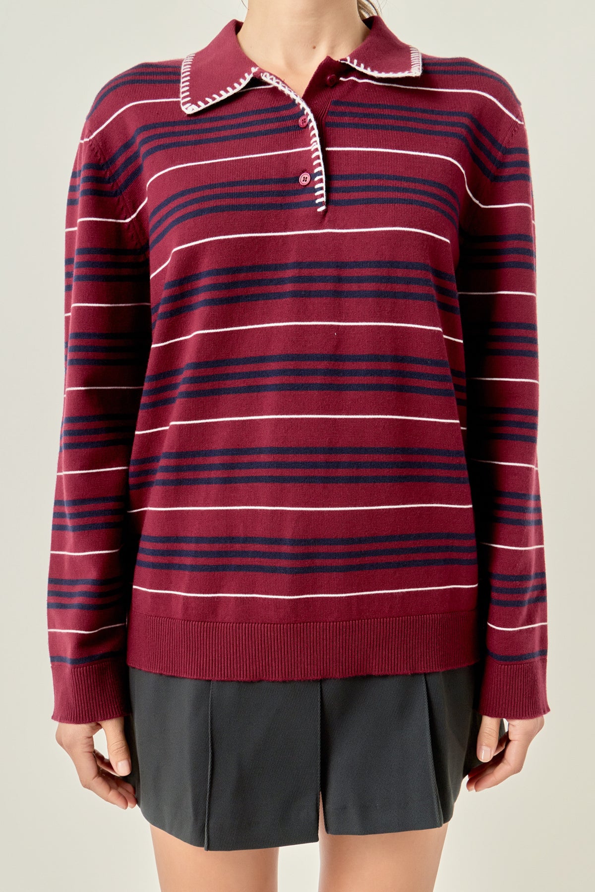 ENGLISH FACTORY - Striped Polo Knit Long Sleeve Top - SWEATERS & KNITS available at Objectrare