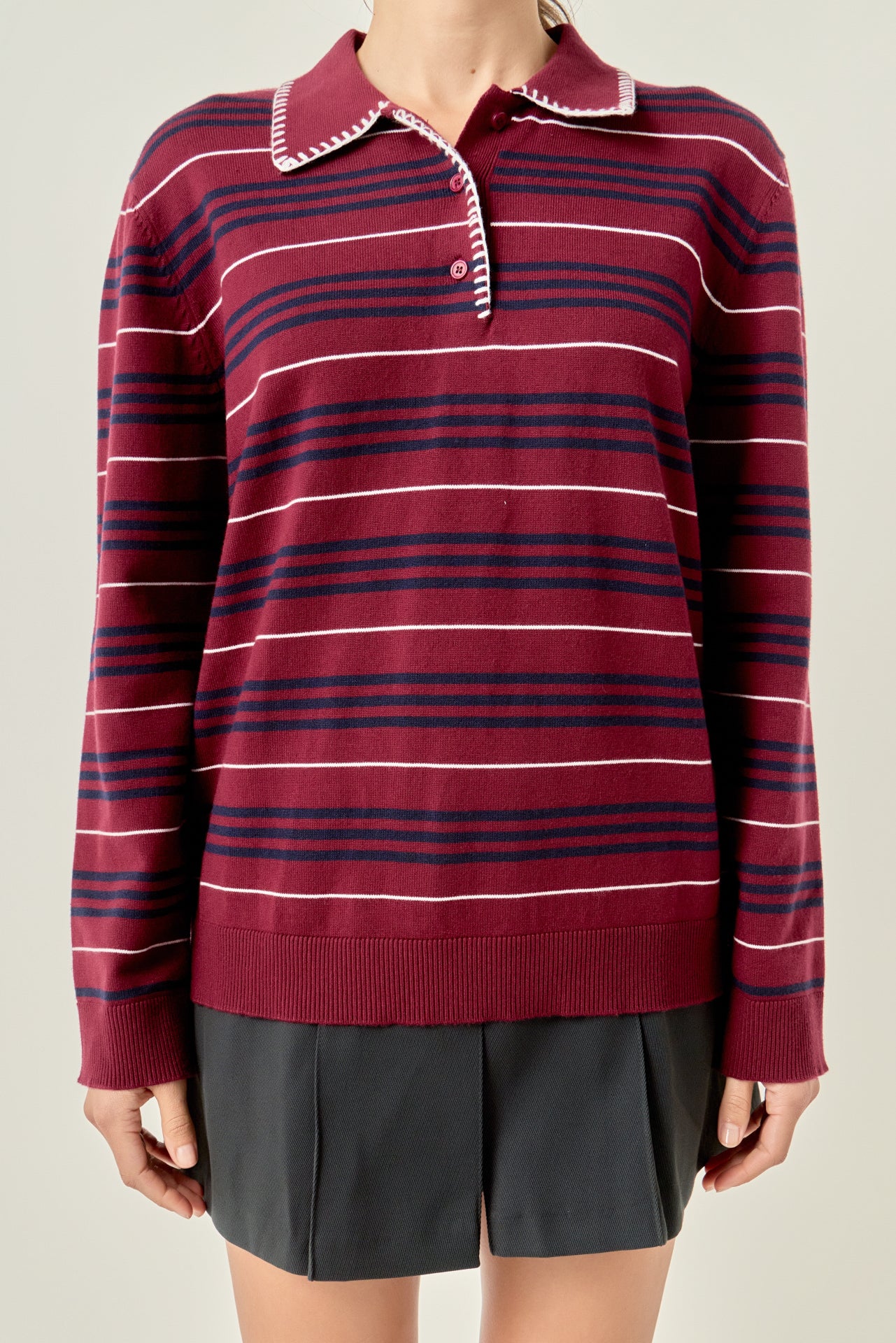 Striped Polo Knit Long Sleeve Top