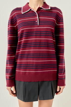 Striped Polo Knit Long Sleeve Top