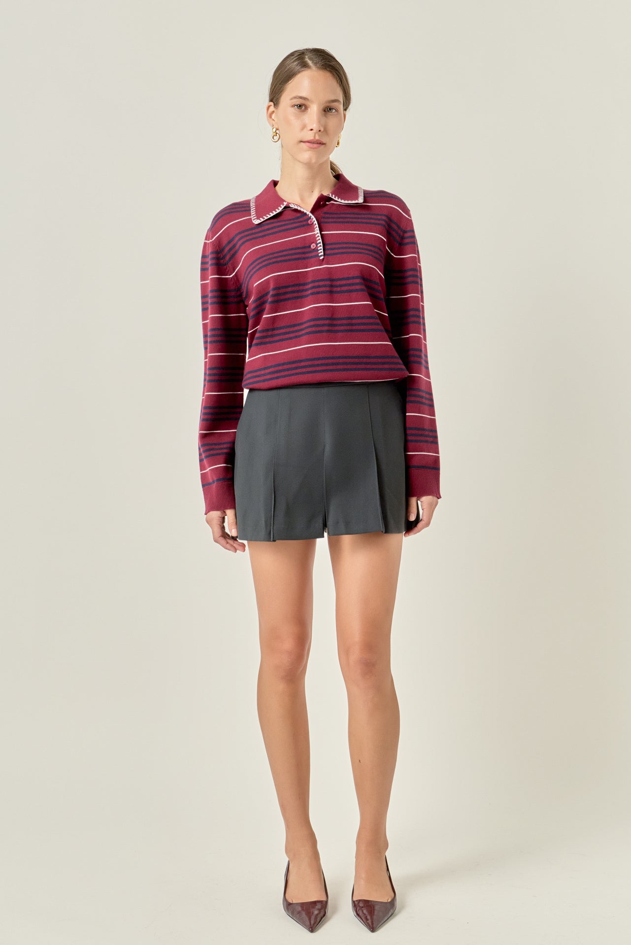 Striped Polo Knit Long Sleeve Top