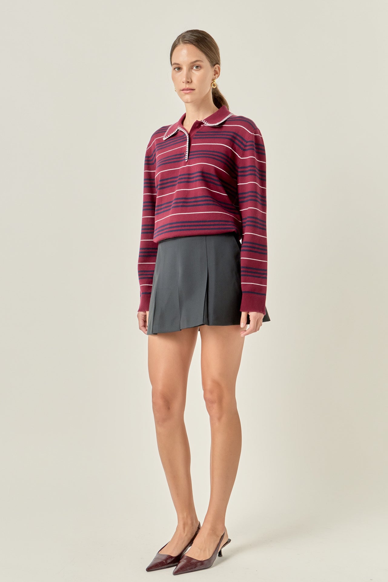 Striped Polo Knit Long Sleeve Top