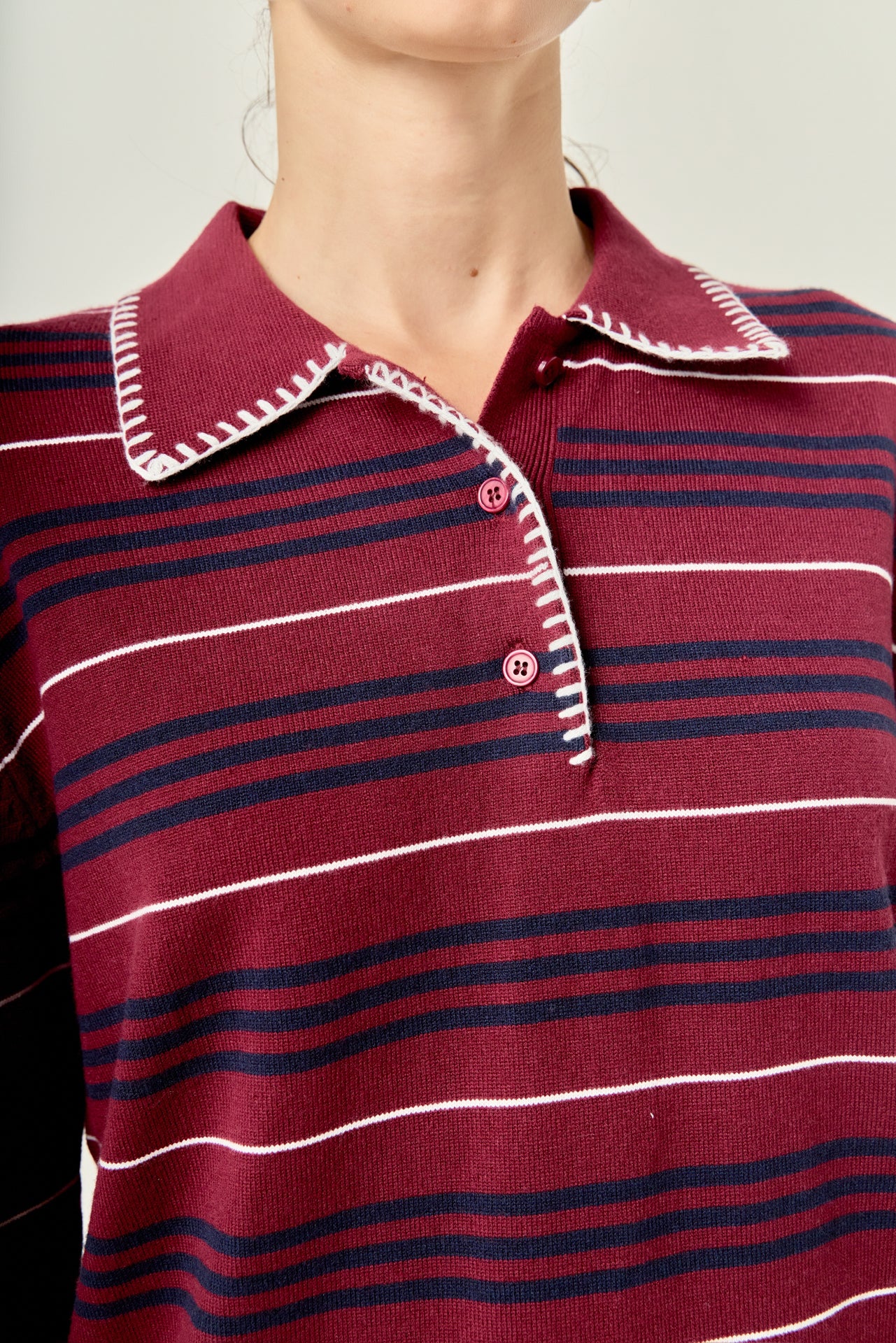 Striped Polo Knit Long Sleeve Top