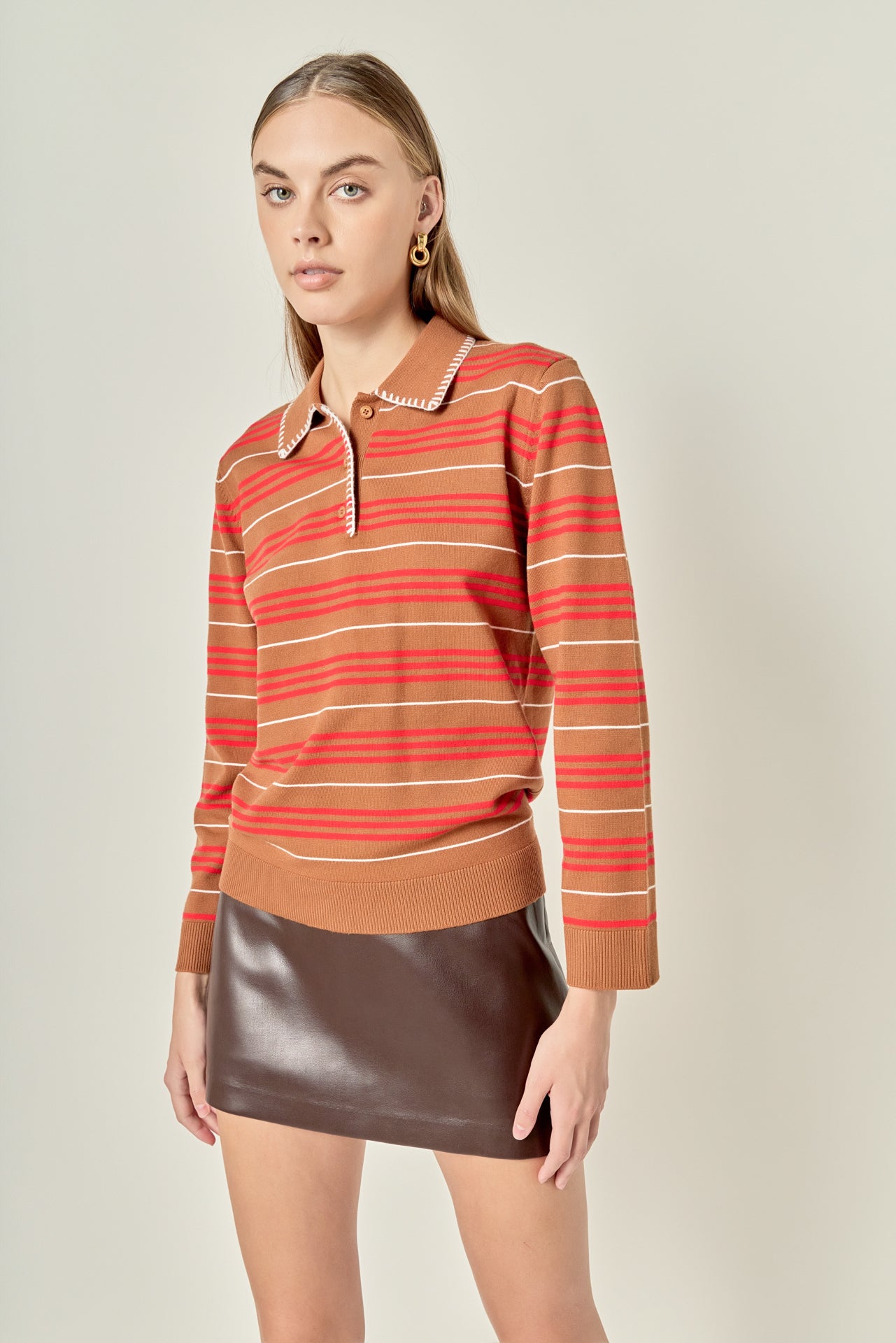 Striped Polo Knit Long Sleeve Top