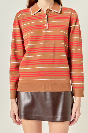 Striped Polo Knit Long Sleeve Top