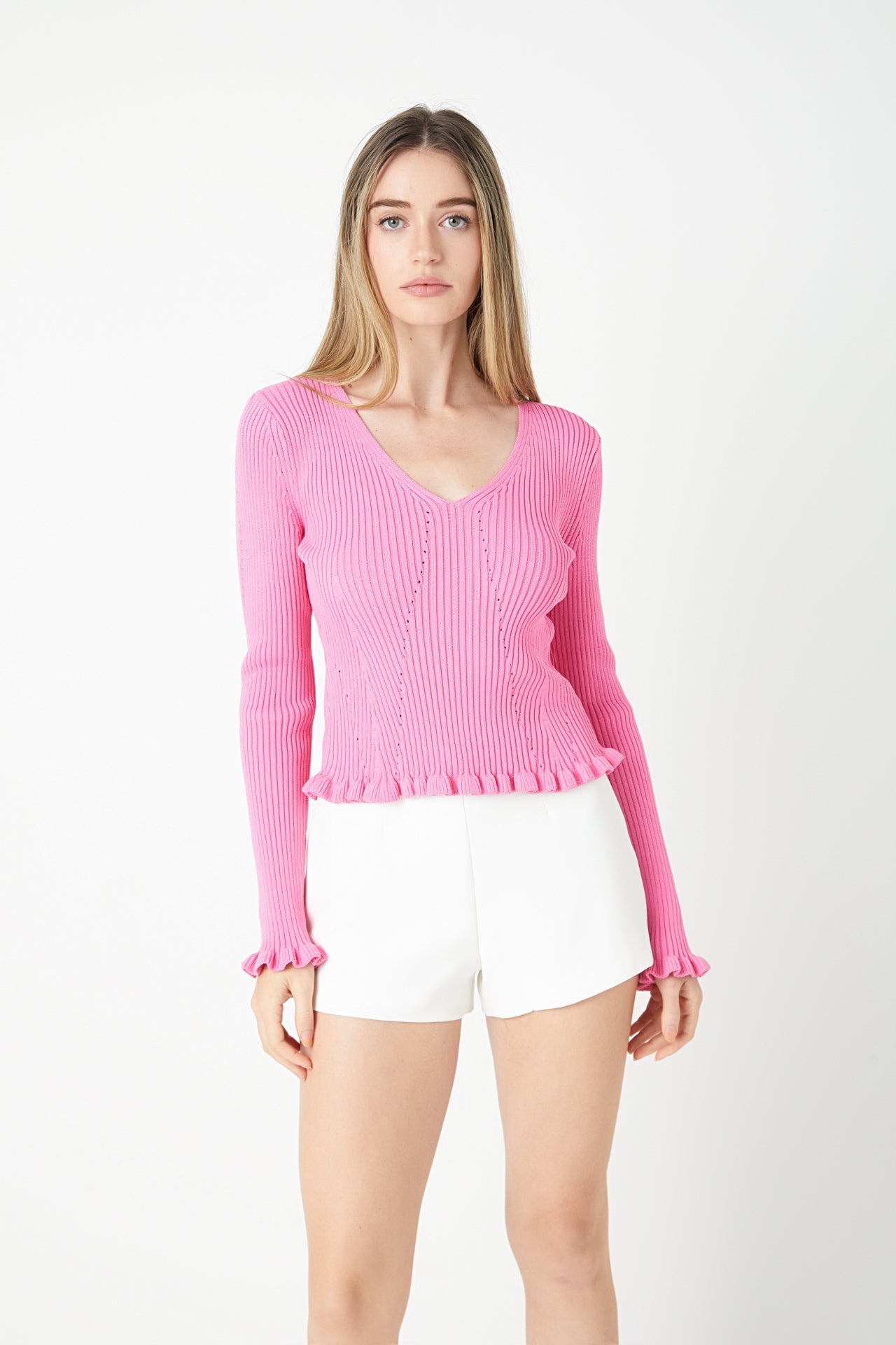 ENDLESS ROSE - Frill V neck Knit Top - TOPS available at Objectrare
