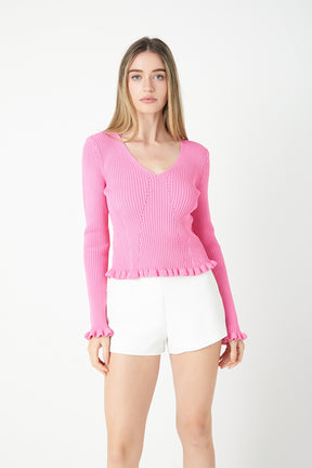 ENDLESS ROSE - Frill V neck Knit Top - TOPS available at Objectrare