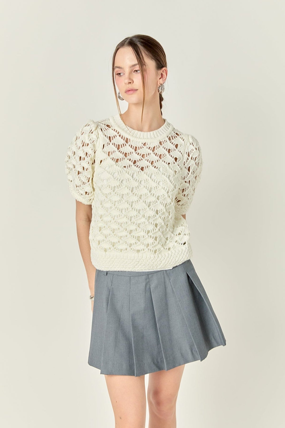 ENGLISH FACTORY - Scalloped Puff Sleeve Knit Top - TOPS available at Objectrare