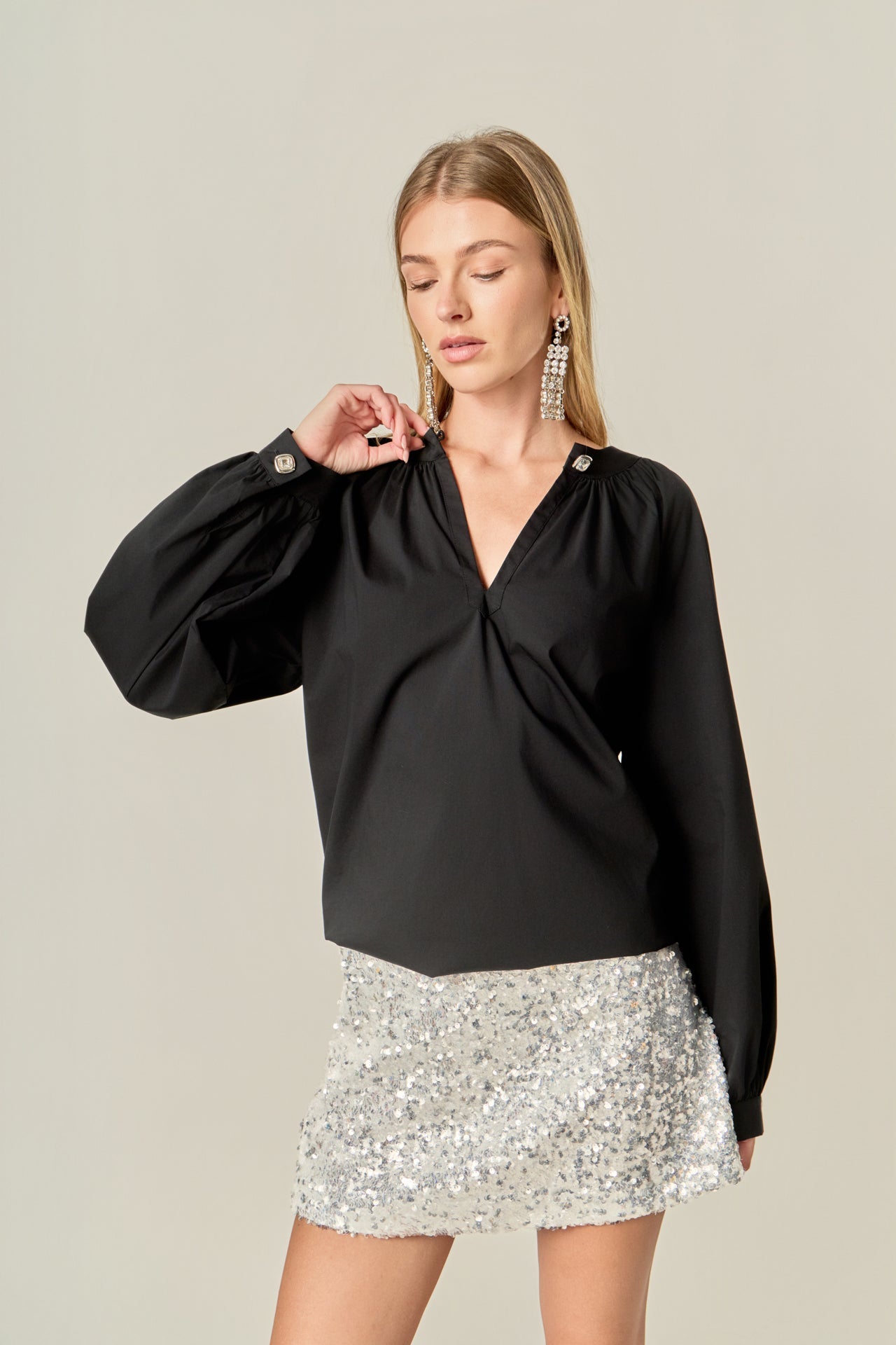 ENGLISH FACTORY - Rhinestone Button Pointed Shirt Blouse - TOPS available at Objectrare