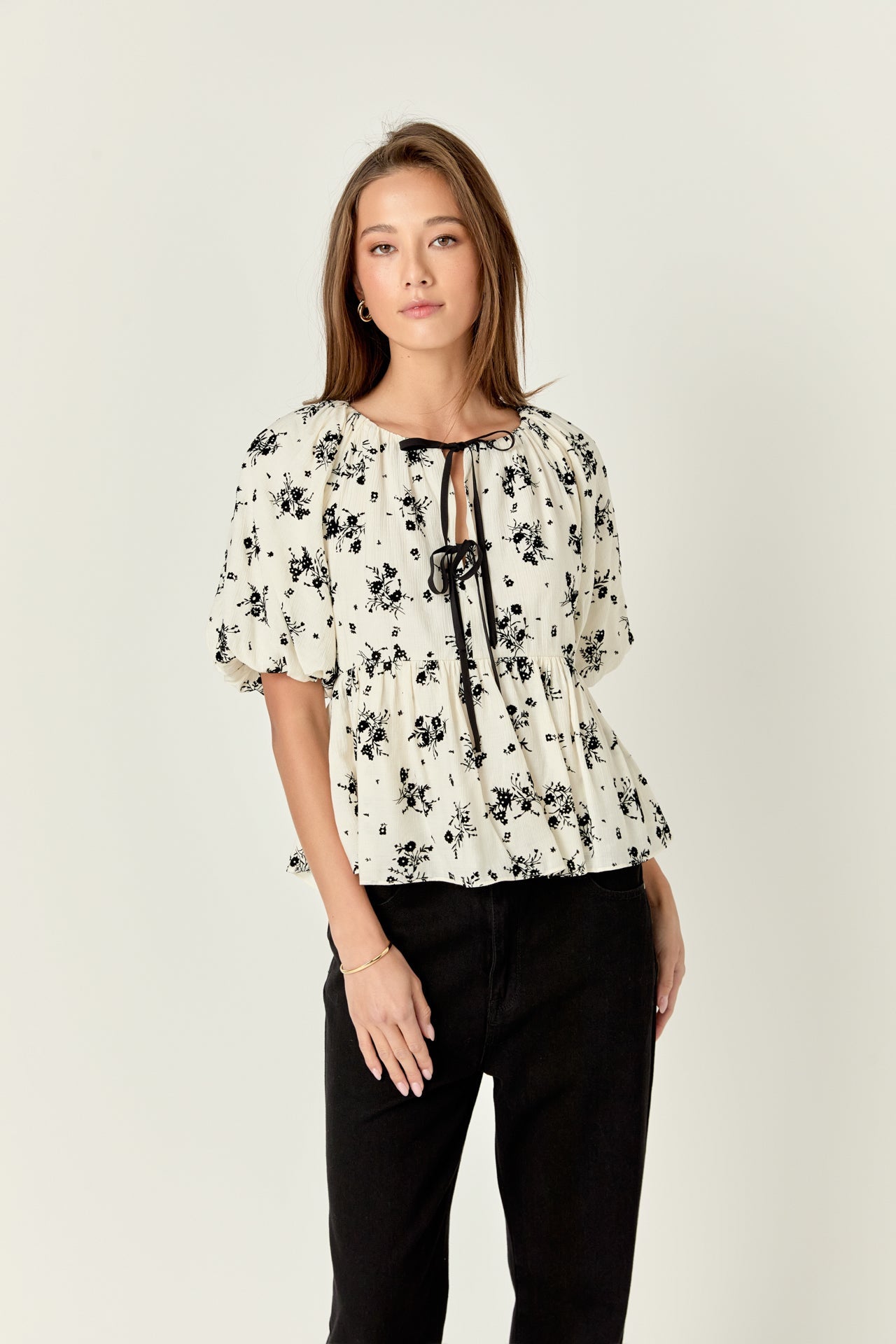 ENGLISH FACTORY - English Factory - Flower Printed Puff Sleeve Top - TOPS available at Objectrare