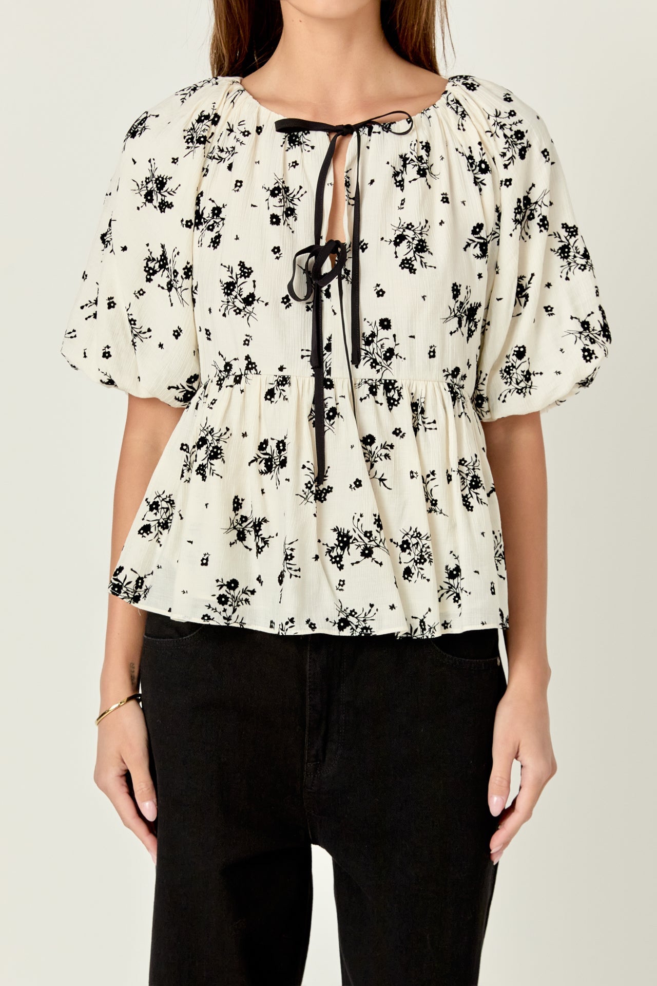 ENGLISH FACTORY - English Factory - Flower Printed Puff Sleeve Top - TOPS available at Objectrare