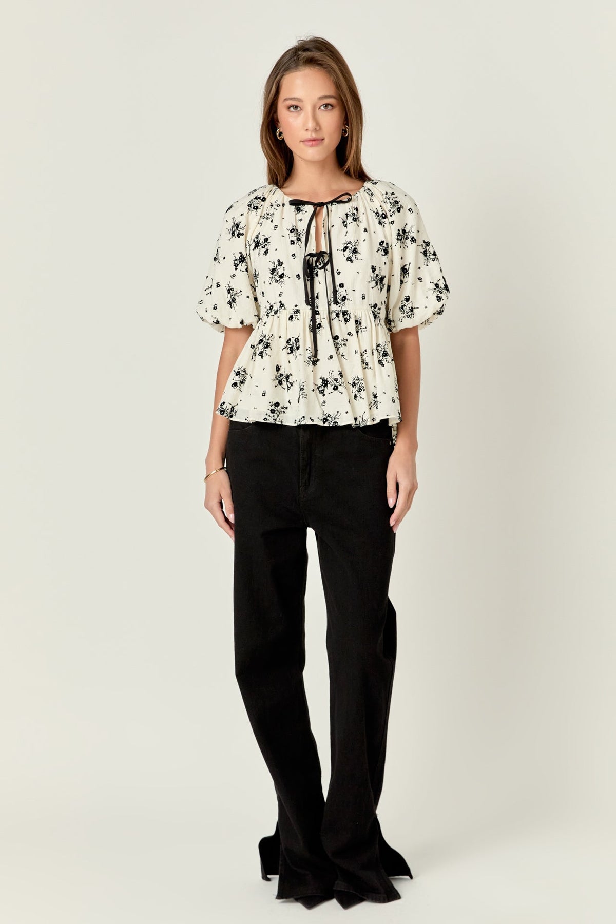 ENGLISH FACTORY - English Factory - Flower Printed Puff Sleeve Top - TOPS available at Objectrare