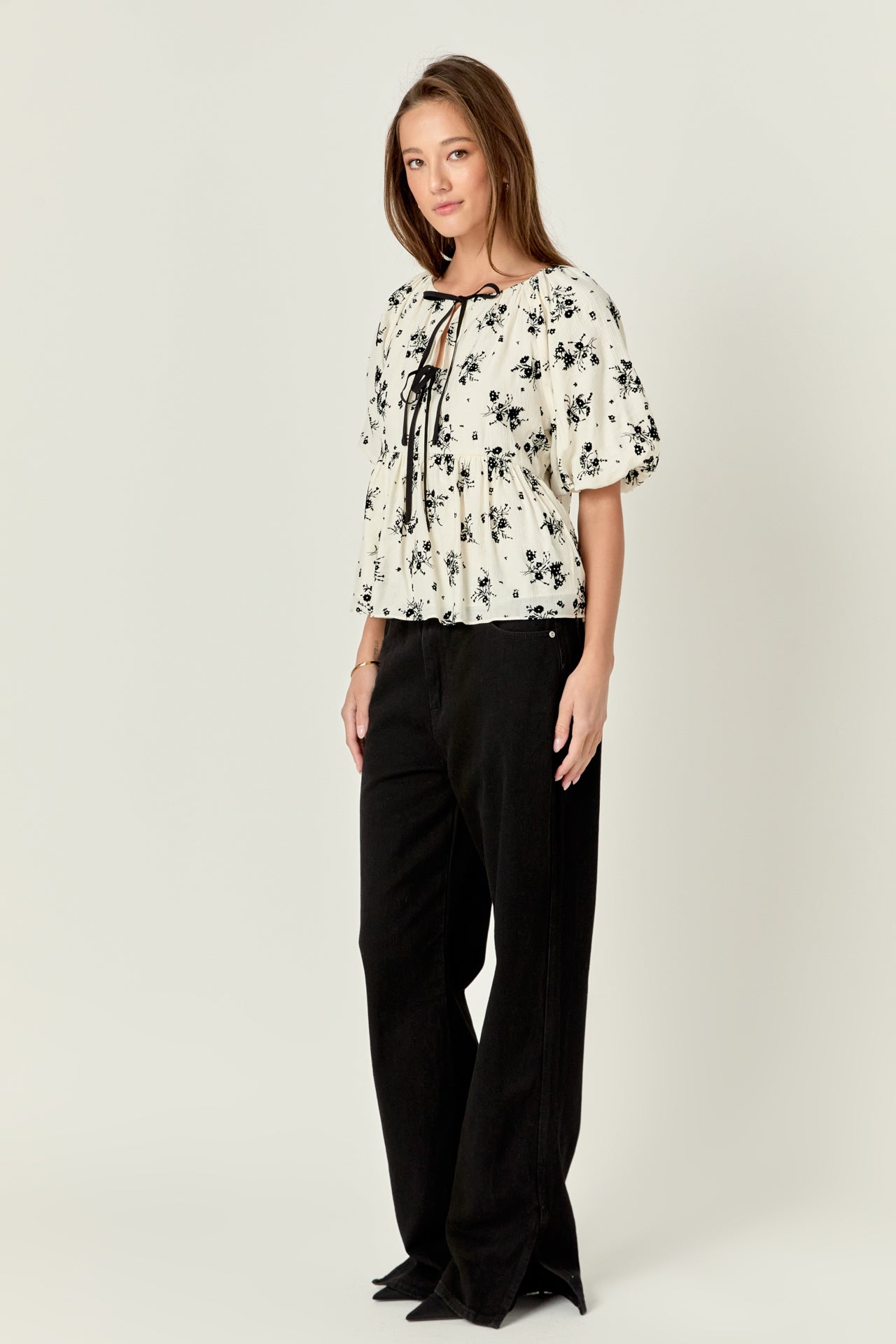 ENGLISH FACTORY - English Factory - Flower Printed Puff Sleeve Top - TOPS available at Objectrare