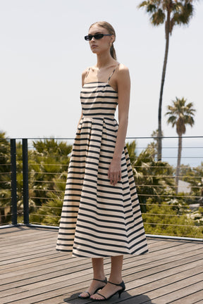 ENGLISH FACTORY - Striped Pleated Midi Dress - DRESSES available at Objectrare