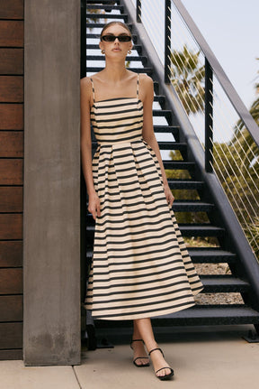 ENGLISH FACTORY - Striped Pleated Midi Dress - DRESSES available at Objectrare