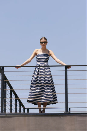 ENGLISH FACTORY - Striped Pleated Midi Dress - DRESSES available at Objectrare