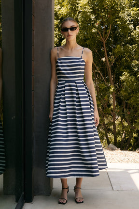 ENGLISH FACTORY - Striped Pleated Midi Dress - DRESSES available at Objectrare