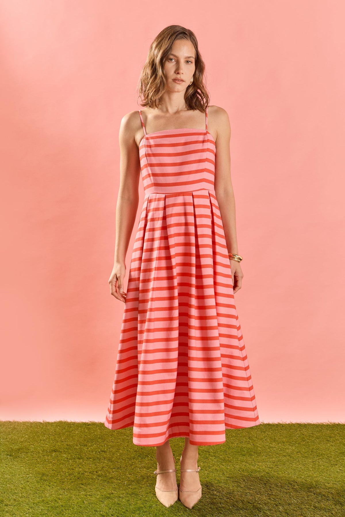 Striped Pleated Midi Dress