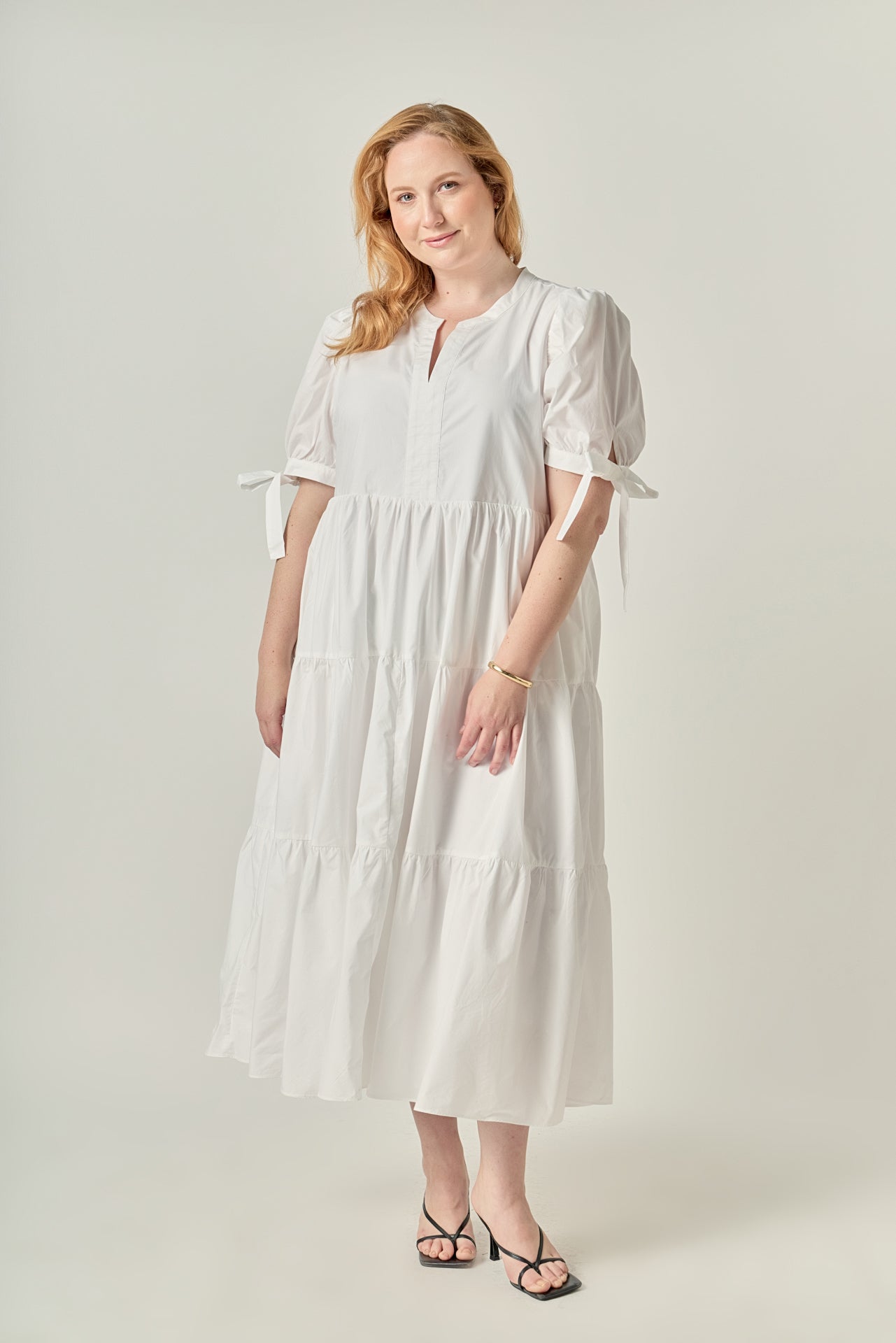 Plus Size Tiered Midi Dress With Bow Tie Sleeves
