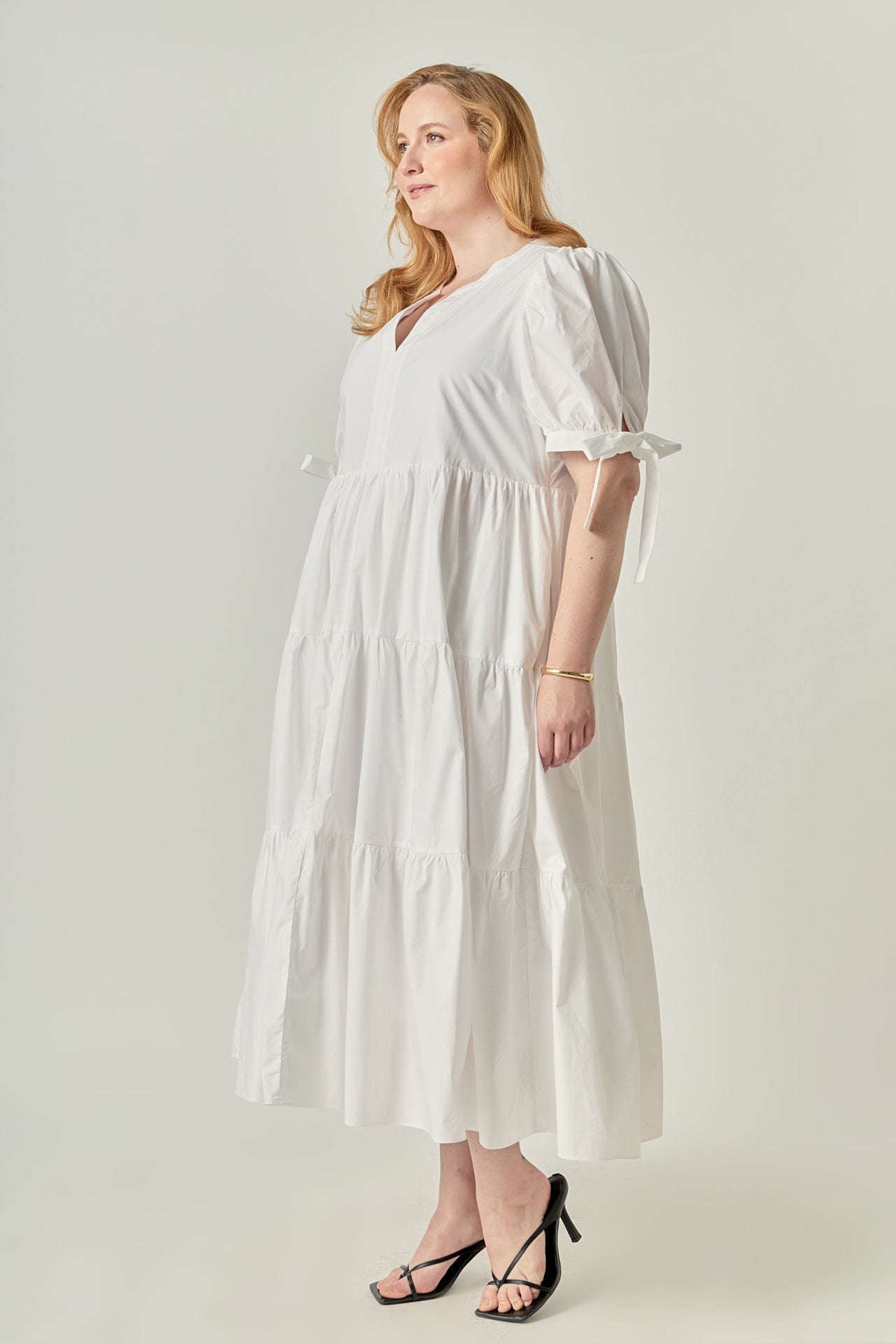 Plus Size Tiered Midi Dress With Bow Tie Sleeves