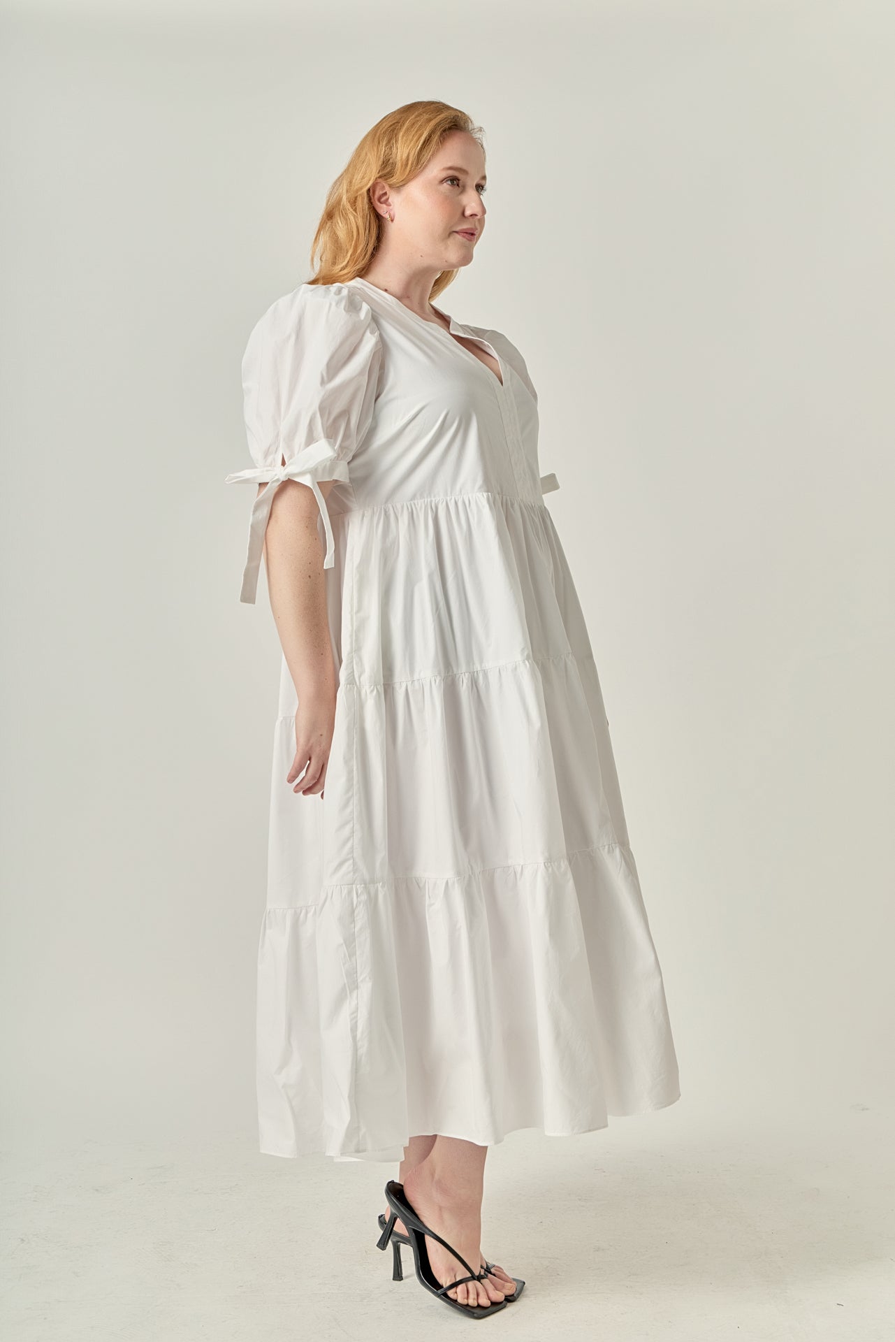 Plus Size Tiered Midi Dress With Bow Tie Sleeves