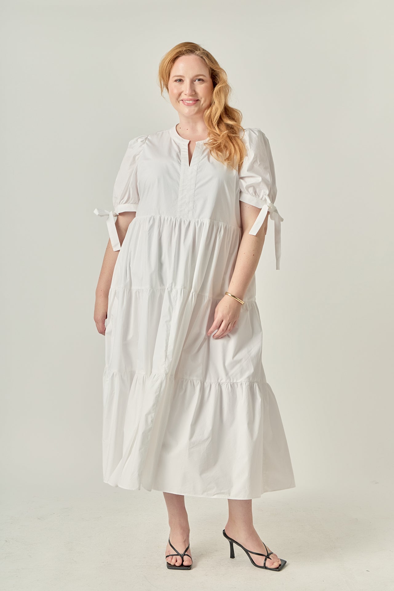 Plus Size Tiered Midi Dress With Bow Tie Sleeves