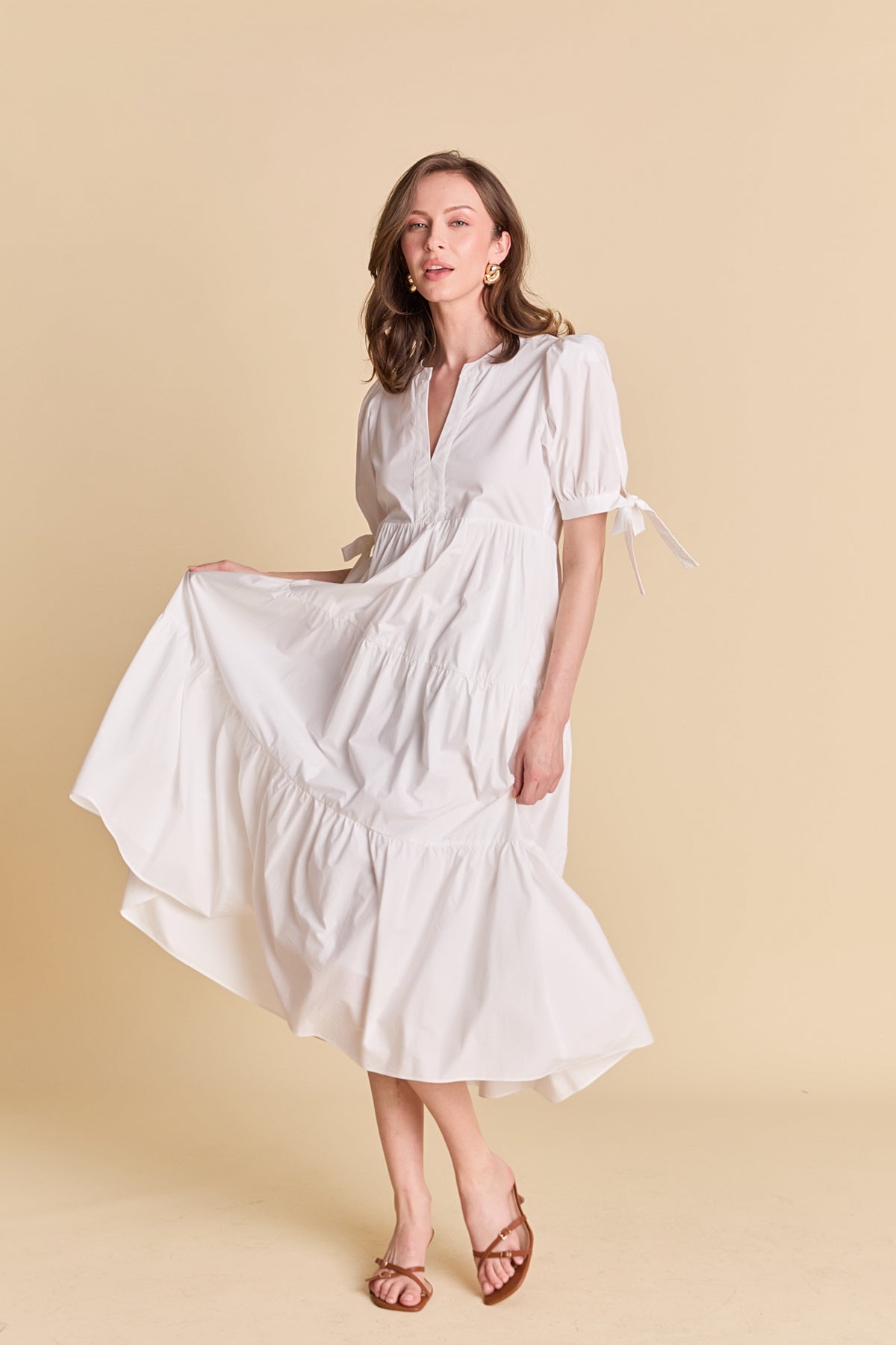 Tiered Midi Dress with Bow-Tie Sleeves