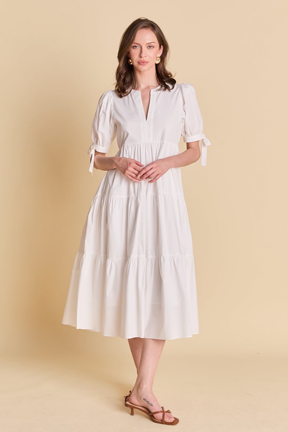 Tiered Midi Dress with Bow-Tie Sleeves