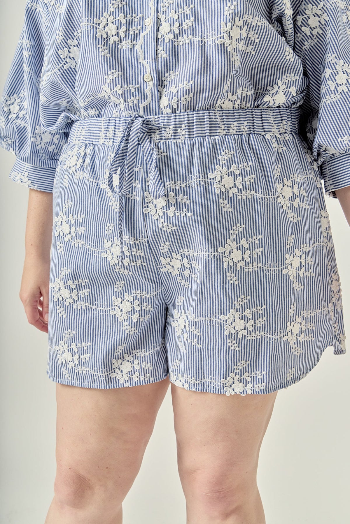 ENGLISH FACTORY - Striped Embroidered Cotton Shorts with Waist Tie - SHORTS available at Objectrare
