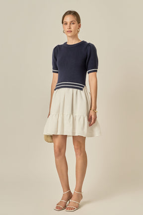 ENGLISH FACTORY - Mixed Media Puff Sleeve Mini Dress - DRESSES available at Objectrare