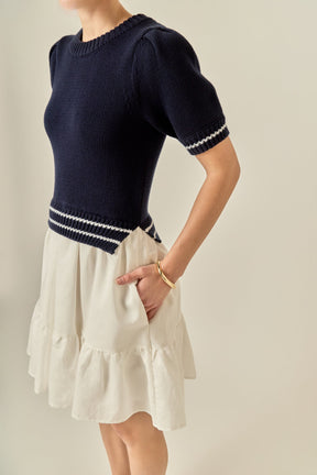 ENGLISH FACTORY - Mixed Media Puff Sleeve Mini Dress - DRESSES available at Objectrare