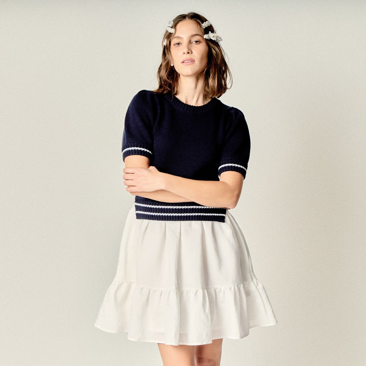ENGLISH FACTORY - Mixed Media Puff Sleeve Mini Dress - DRESSES available at Objectrare