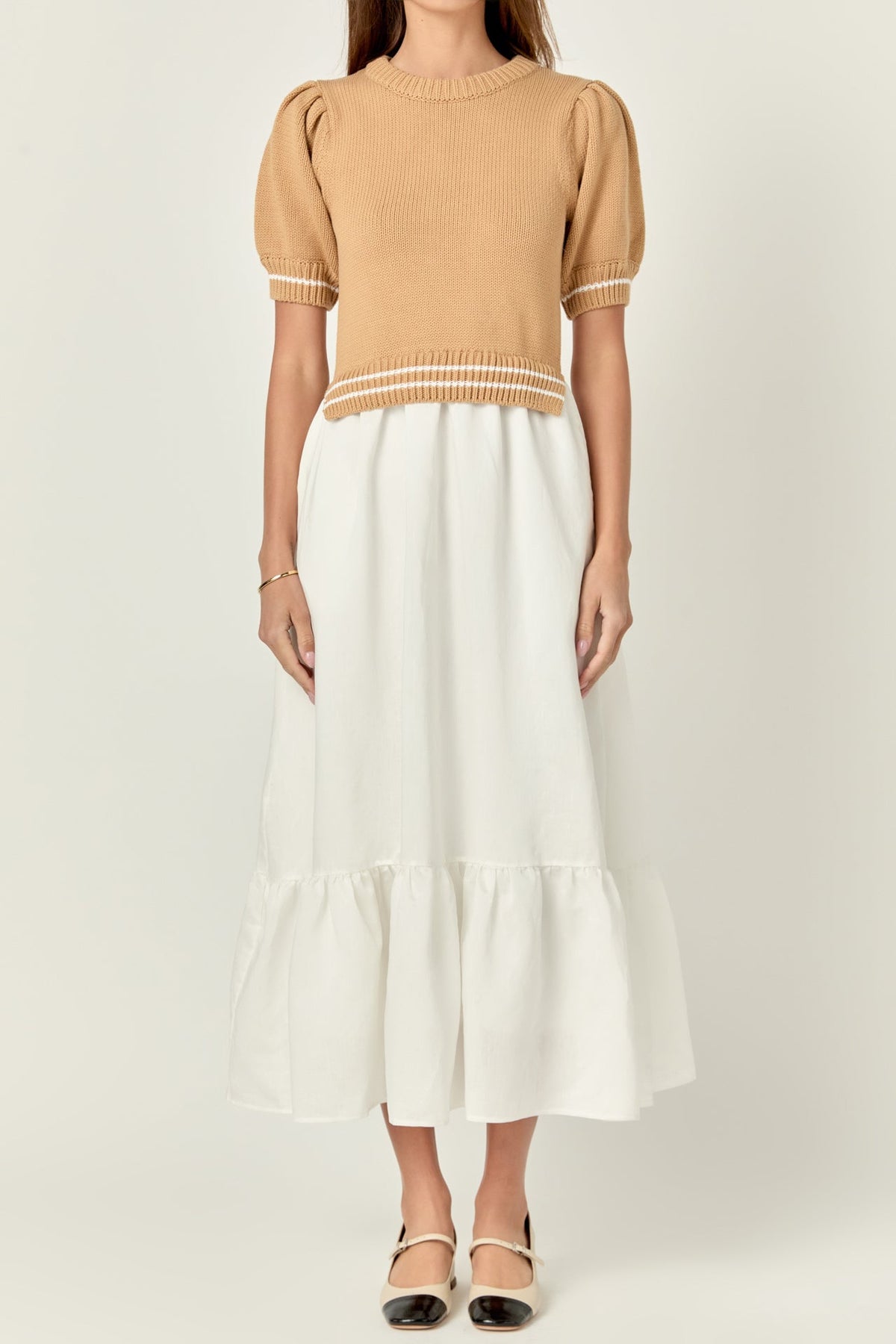 ENGLISH FACTORY - Mixed Media Puff Sleeve Midi Dress - DRESSES available at Objectrare
