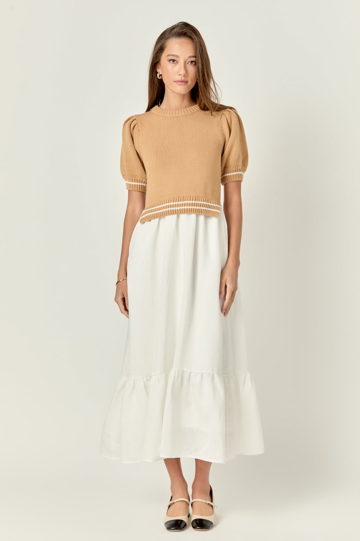 ENGLISH FACTORY - Mixed Media Puff Sleeve Midi Dress - DRESSES available at Objectrare