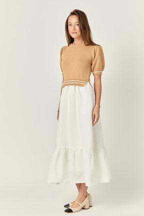 ENGLISH FACTORY - Mixed Media Puff Sleeve Midi Dress - DRESSES available at Objectrare