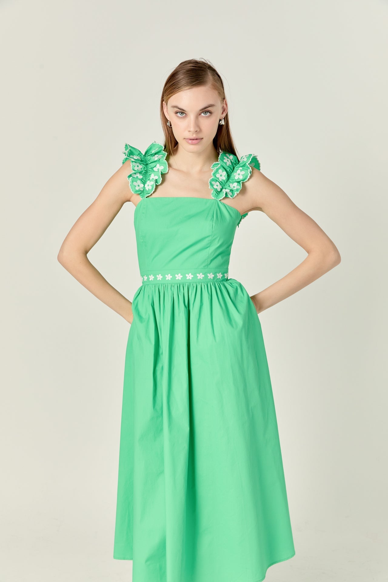 Petite Flower Embroidered Ruffle Midi Dress GREEN / L-P Petite Flower Embroidered Ruffle Midi Dress GREEN / L-P