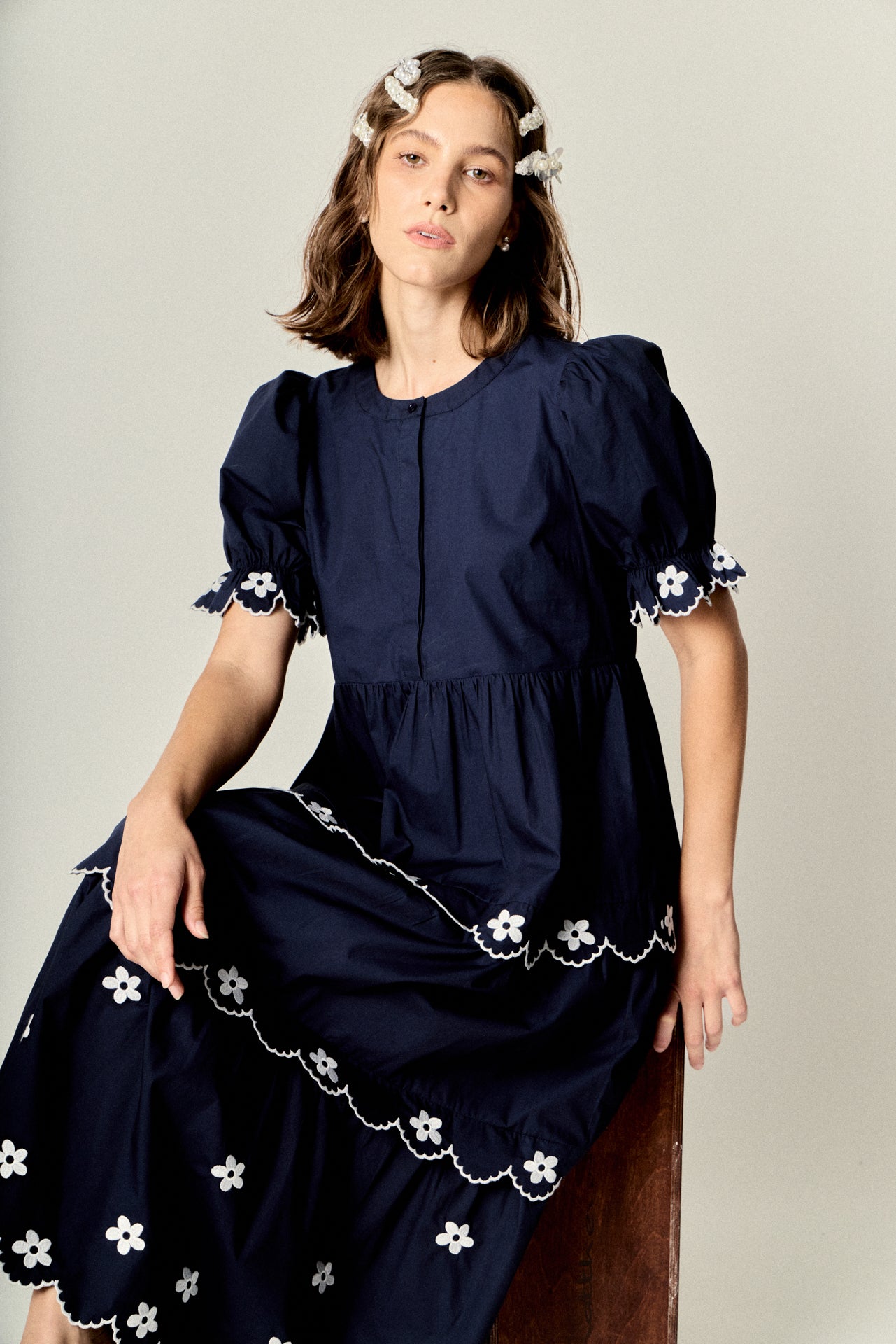 ENGLISH FACTORY - Scallop Embroidered Puff Sleeve Midi Dress - DRESSES available at Objectrare