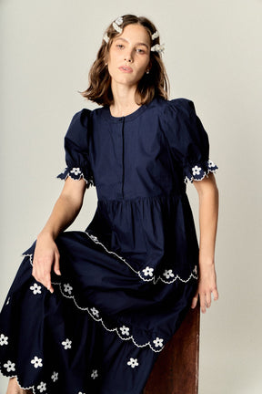 ENGLISH FACTORY - Scallop Embroidered Puff Sleeve Midi Dress - DRESSES available at Objectrare