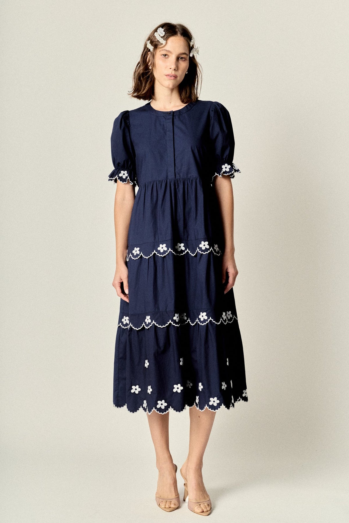 ENGLISH FACTORY - Scallop Embroidered Puff Sleeve Midi Dress - DRESSES available at Objectrare