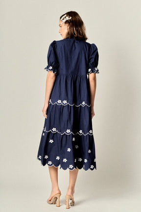 ENGLISH FACTORY - Scallop Embroidered Puff Sleeve Midi Dress - DRESSES available at Objectrare