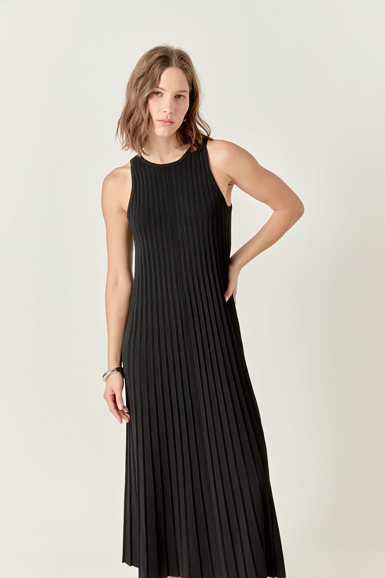 Pleated A-line Knit Midi Dress