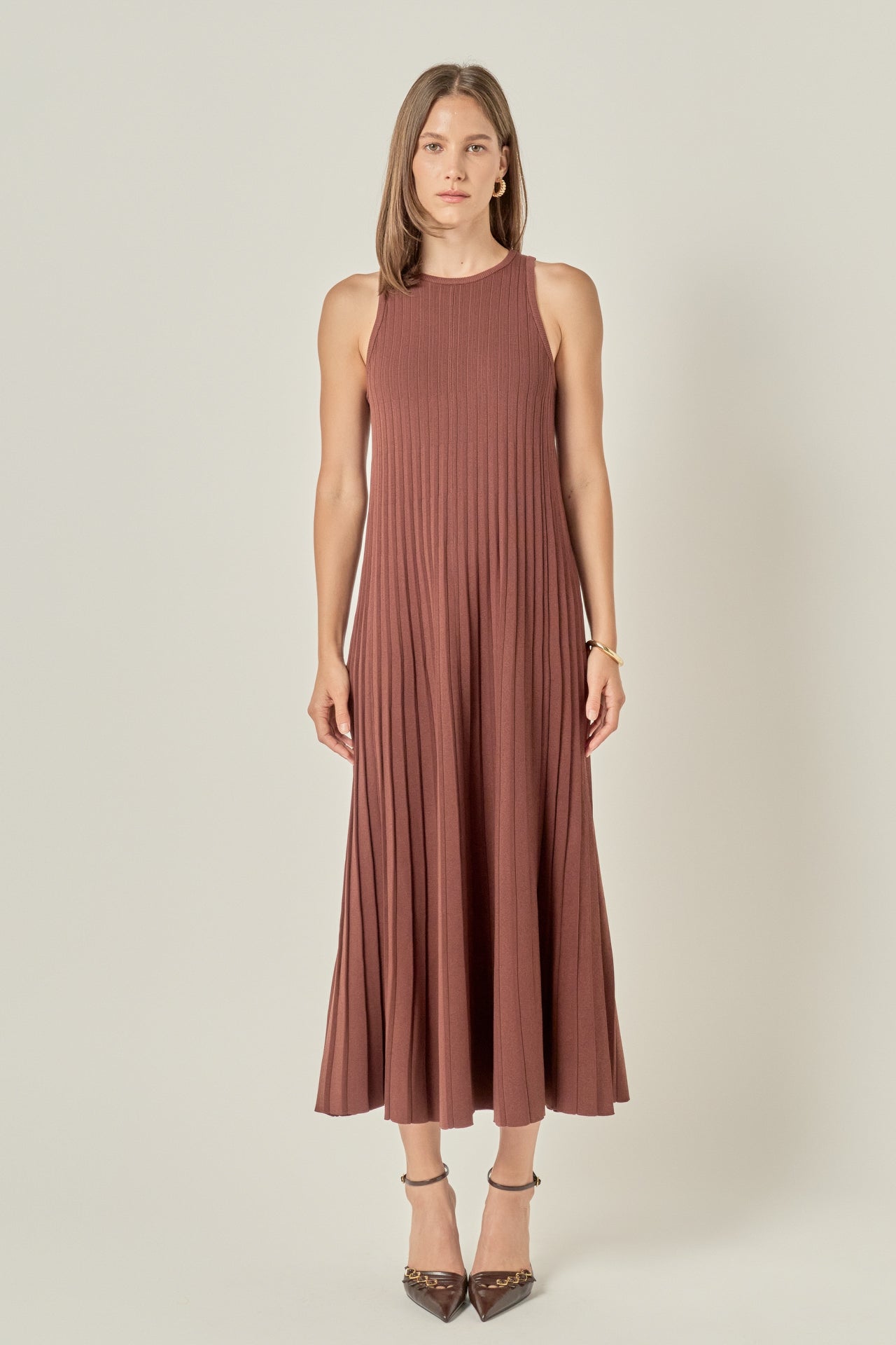 Pleated A-line Knit Midi Dress