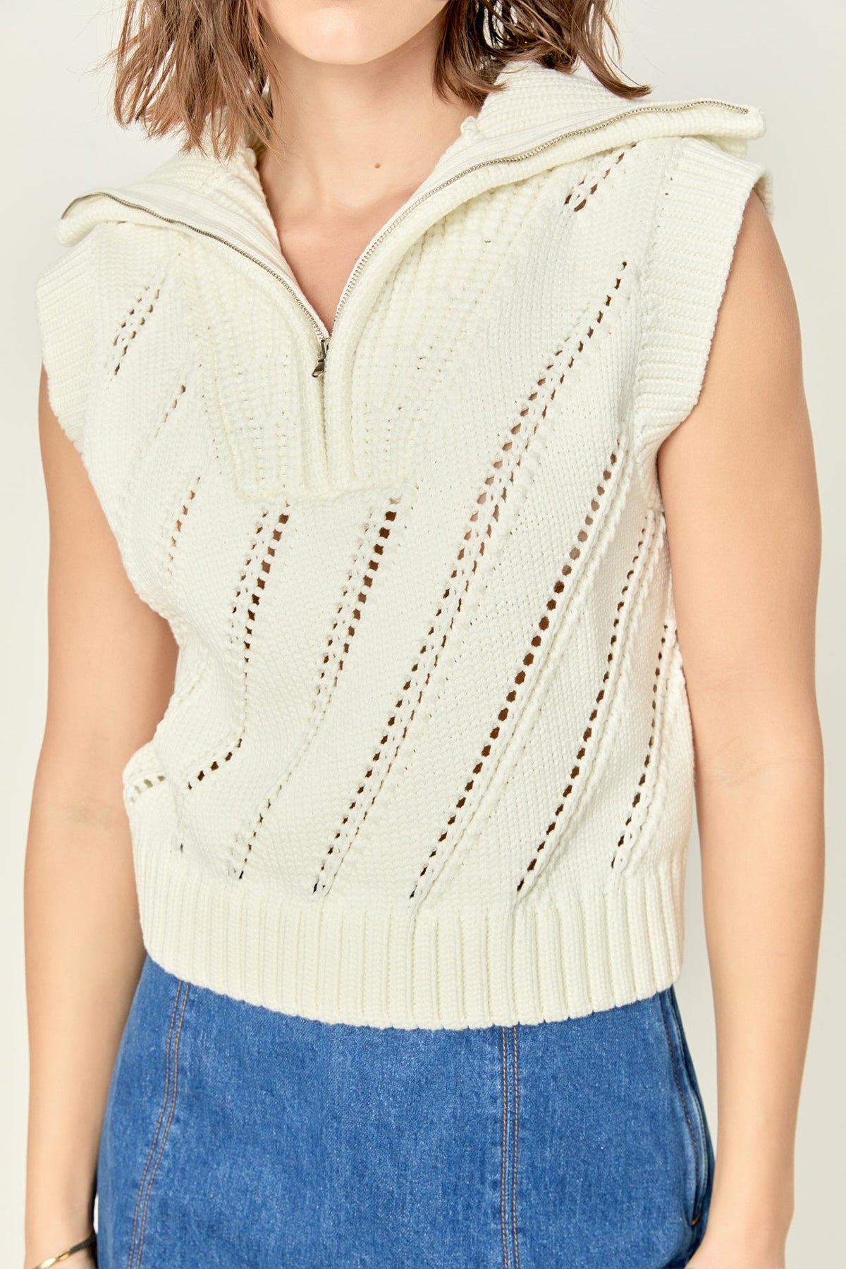 ENGLISH FACTORY - Sleeveless Collar Zip Up Knit - SWEATERS & KNITS available at Objectrare