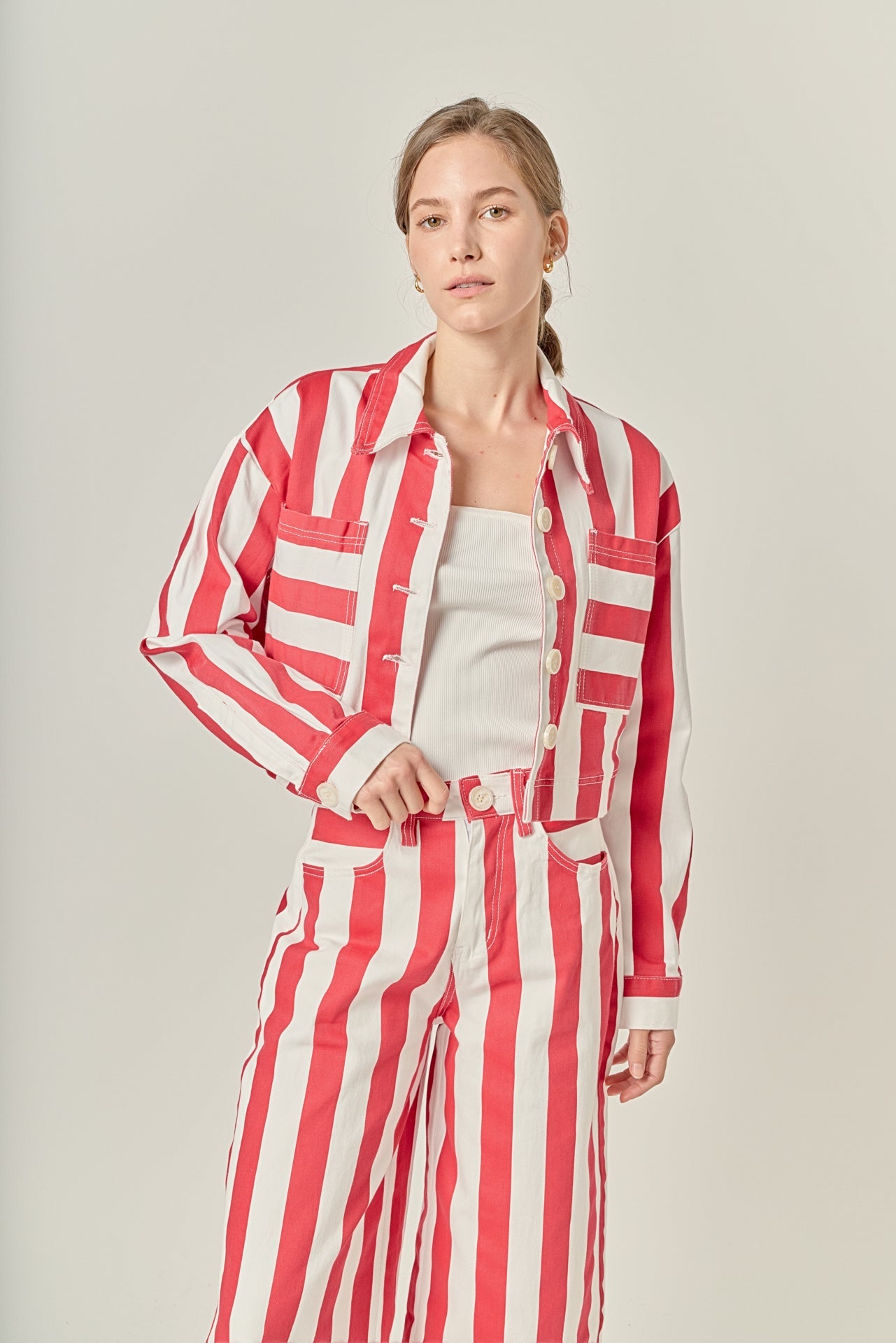 ENGLISH FACTORY - Cropped Bold Stripe Button-Up Shirt - TOPS available at Objectrare