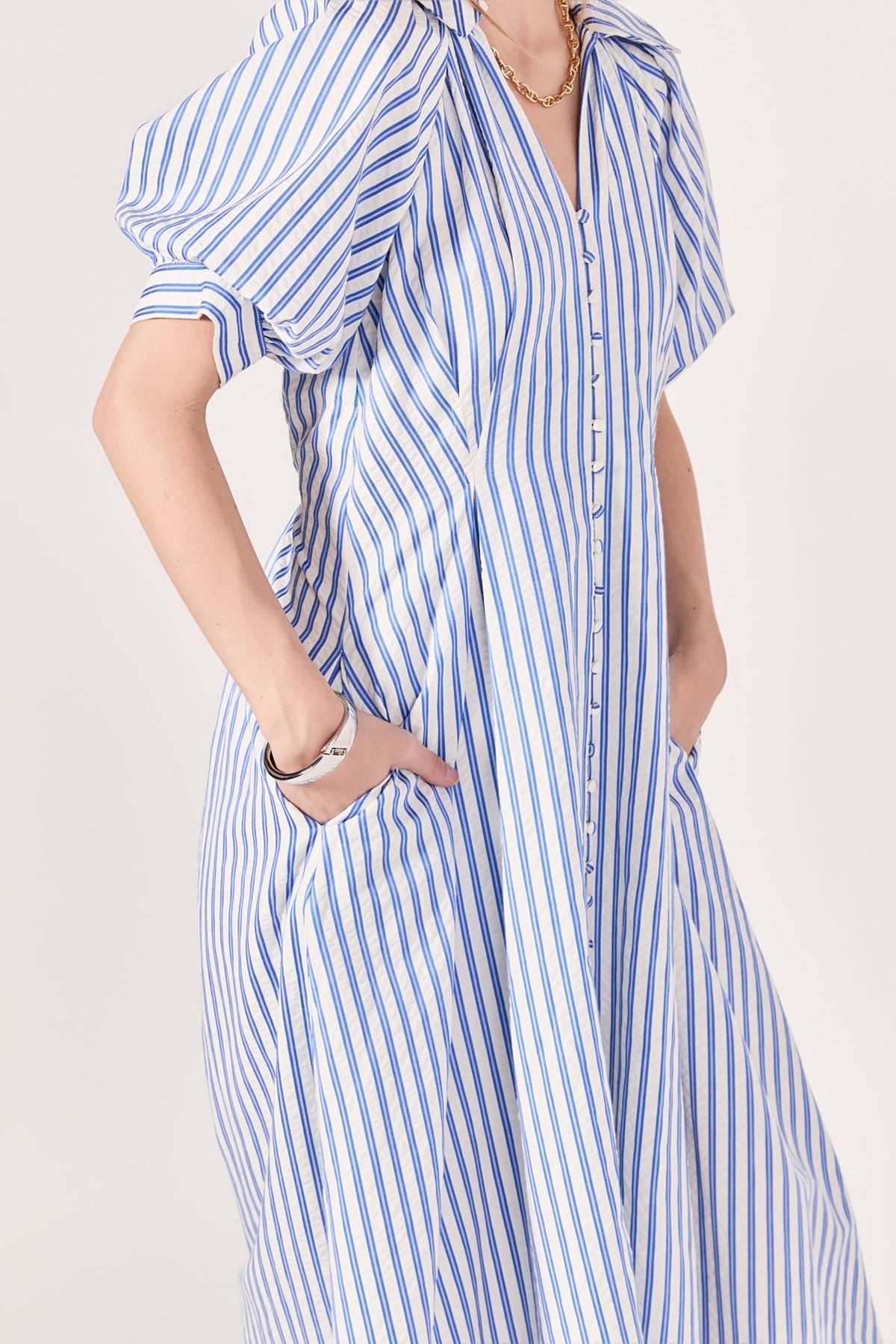 ENGLISH FACTORY - Everly Seersucker Striped Midi Dress - DRESSES available at Objectrare