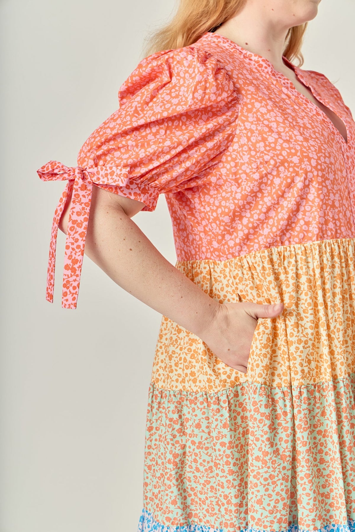 ENGLISH FACTORY - Colorblock Tiered Floral Midi Dress - DRESSES available at Objectrare